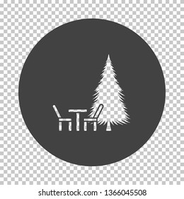 Park seat and pine tree icon. Subtract stencil design on tranparency grid. Vector illustration.
