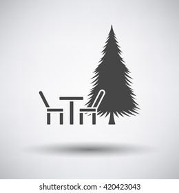 Park seat and pine tree icon on gray background with round shadow. Vector illustration.