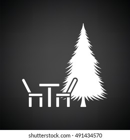 Park seat and pine tree icon. Black background with white. Vector illustration.
