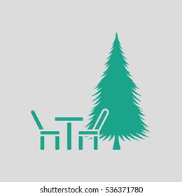Park seat and pine tree icon. Gray background with green. Vector illustration.