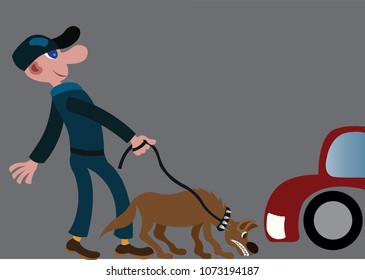 A park security guard checks on customers vehicles using a sniffer dog