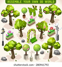 Park Set 3D Lowpoly Isometric Trees Garden Decoration Flower Ornament. Build your Own Infographic. 