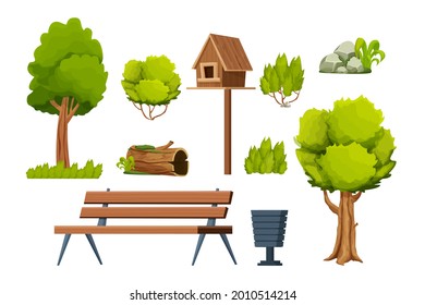 Park set of elements, wooden bench, trees, bush, stone with moss, old log, birdhouse, bin in cartoon style isolated on white background.