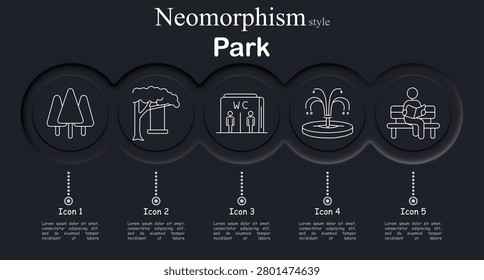 Park set icon. Line icons with trees group, tree swing, restroom sign, water fountain, person bench reading representing outdoor recreation area, leisure space, public environment elements.