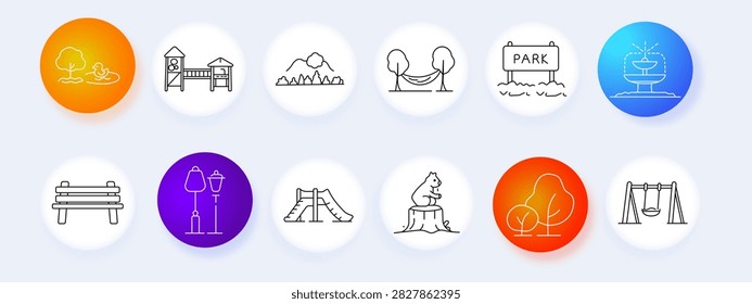 Park set icon. Playground structure, fountain decoration, woodland scenery, hammock relaxation, recreation signage, reading bench, street lantern, outdoor greenery, leisure landscape, family