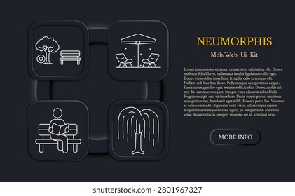 Park set icon. Tree, bench, umbrella, chairs, person reading, nature, relaxation, leisure, outdoor space, garden, environment, recreation, calm atmosphere.