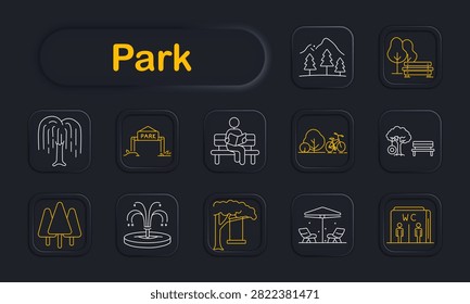 Park set icon. Willow landscape, entrance gateway, outdoor relaxation, cycling pathway, public bench, forest scenery, decorative fountain, playground swing, recreation terrace, restroom facility, urban