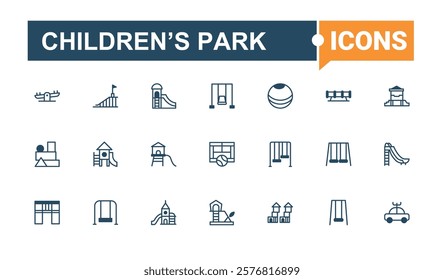 Children’s Park Set of icons. Related to kid, playground, climb, park, pool, play and more. Minimal linear icons. Solid line editable stroke. Vector line and solid icons.