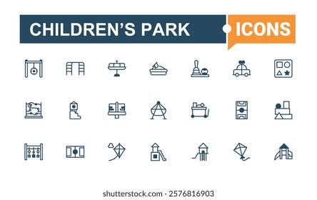 Children’s Park Set of icons. Related to kid, playground, climb, park, pool, play and more. Minimal linear icons. Solid line editable stroke. Vector line and solid icons.