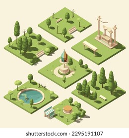 Park set isometric vector simple illustration