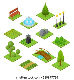 Park Set Isometric View Design Element for Garden Landscape. Vector illustration