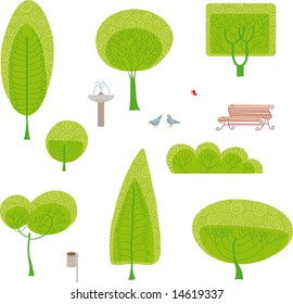 park set. Made your own park design with a set of trees and other park furniture
