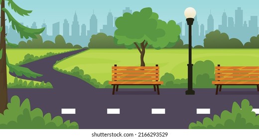 park sidewalks illustration. Vector road near lawn grass, trees and bushes. Bench 