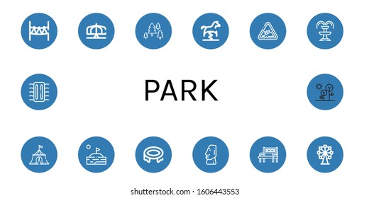 park simple icons set. Contains such icons as Rope park, Merry go round, Forest, Spring swing horse, Hill, Fountain, Circus tent, Lake, Trampoline, can be used for web, mobile and logo