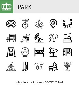 park simple icons set. Contains such icons as Merry go round, Trampoline, Swing, Weed, Park location, Seesaw, Bench, Waterpark, Pendulum ride, can be used for web, mobile and logo