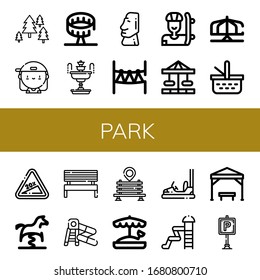 Park Simple Icons Set. Contains Such Icons As Forest, Skater, Round Up Ride, Fountain, Moai, Rope Park, Carousel, Merry Go Round, Picnic Basket, Can Be Used For Web, Mobile And Logo