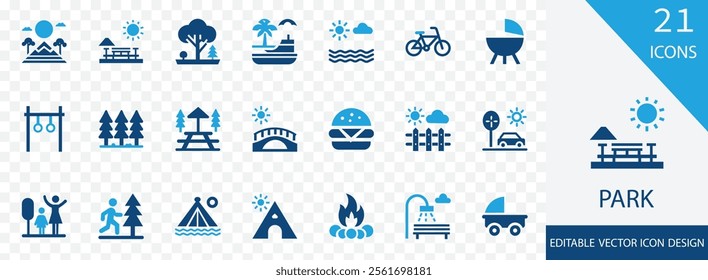 Park solid icon set. containing forest, fountain, bench, waterfall, fresh air and more vector design