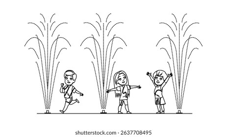 park splash pad kid vector. s outdoor, cool spray, fountain wet park splash pad kid character. people black line pencil drawing illustration