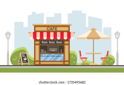 Park street cafe with umbrella, table, chair, terrace, skyscrapers, lantern Urban spring summer landscape. Coffe in outdoor. Park with outside cafe. Flat cartoon vector illustration