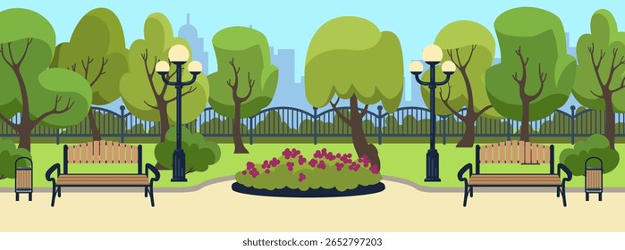 Park street. Urban background with bench and streetlights. Flowers and trees. Summer landscape. Grass lawn. Skyline city garden. Town nature. Outdoor seats with flashlights. Vector spring scenery view