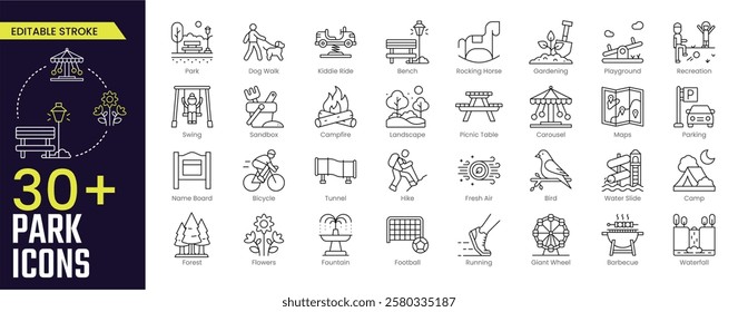 Park Stroke icon collections. Containing Park, Dog Walk, Kiddie Ride, Bench, Rocking, Horse, Gardening, Playground, Recreation and more icons. Editable Stroke icon collection Outline icon