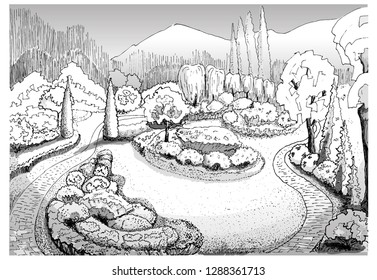 Park in summer with mountain view. Linear illustration.