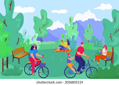 Park with summer nature, vector illustration. Flat people character walk outdoor lifestyle, happy man woman walk at city landscape.