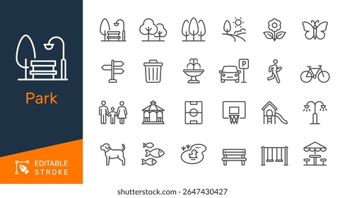 Park thin line icon collection for outdoor, nature and recreation concept. Editable stroke. Pixel perfect.
