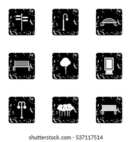 Park things icons set. Grunge illustration of 9 park things vector icons for web