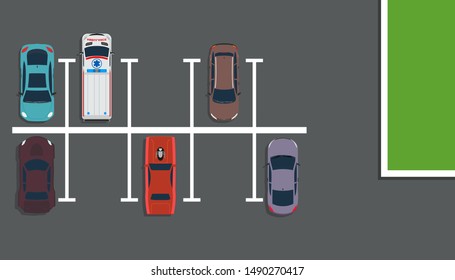 Park top view vector concept illustration background. Above car street map flat road city. Garage design many lot space downtown. Vehicle free slot traffic place. Carpark area zone set empty