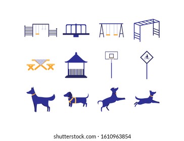 Park toys and dogs icon set design, Nature outdoor season travel spring summer vacation scene environment and recreation theme Vector illustration