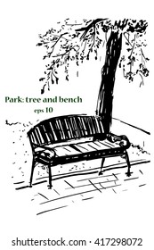 Park: tree with bench. Hand-drawn vector artistic illustration for design, textile, prints.