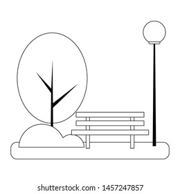 Park with tree bush bench and streetlight scenery isolated vector illustration graphic design