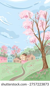 Park Tree With Grass Background For Easter Forest And Flower Landscape. Cartoon Illustration Of Meadow Garden, Vector Sky And Field For Summer Nature Banner, Spring Scenery And Outdoor Design.