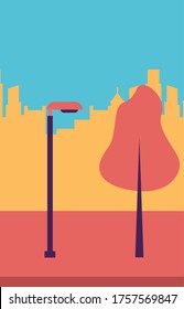 Park with tree and lamp in front of city buildings design, Nature outdoor and season theme Vector illustration