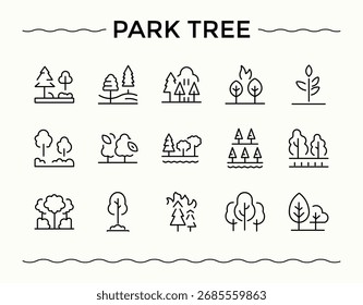 Conjunto de ícones modernos Park Tree. Ícones lineares mínimos. Traçado vetorial editável. Conjunto de ícones da linha City Park. Inclui símbolos de linha fina terra, jardim da cidade, lago, árvore, paisagem urbana, terra, paisagem e muito mais.