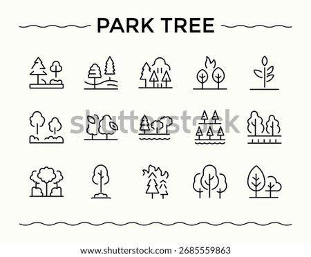 Park Tree modern icon set. Minimal linear icons. Editable vector stroke. City Park line icon set. Includes thin line symbols land, city garden, lake, Tree, cityscape, ground, landscape and more.
