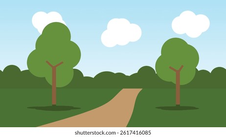 park with tree and pathway with white cloud in blue sky. landscape cartoon scene background