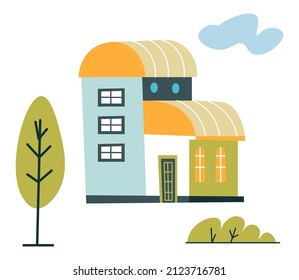 Park With Trees And Bushes By House, Isolated Apartments And Homes Of Families. Accommodation And Dwelling, Condominium Or Dormitory Exterior Design And Landscape Or Yard Arrangement. Vector In Flat