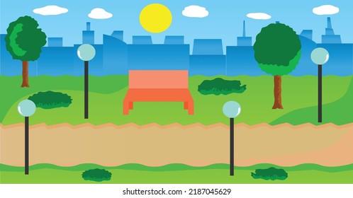 Park With Trees, City, Streetlights, Bench, Bushes, Sun And Clouds Flat Landscape Vector Illustration.