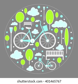 Park, trees, clouds, bench, street lamp, cycling - round frame. Vector illustration