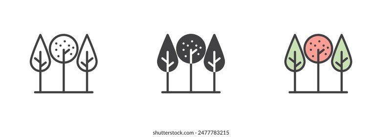 Park trees different style icon set. Line, glyph and filled outline colorful version, outline and filled vector sign. Forest symbol, logo illustration. Vector graphics