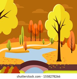 Park with Trees in Evening View with Pond and Brigde Ladscape Background Autumn