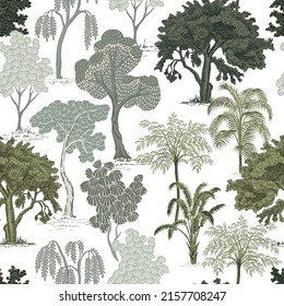 Park trees floral seamless pattern.Exotic landscape wallpaper.