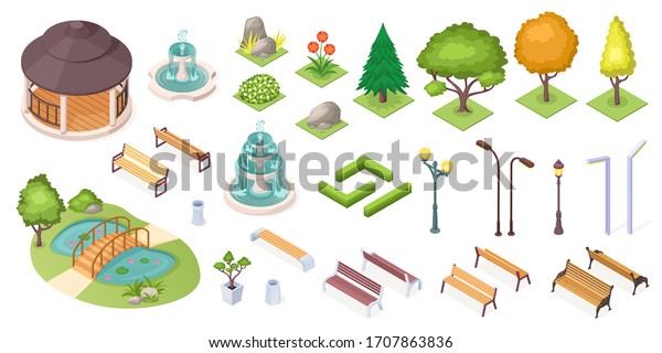 Park trees and landscape elements set, vector\
isolated isometric icons. Park and garden landscaping constructor,\
isometric trees, ponds and benches, fountain, plants and flowers,\
grass and hedges
