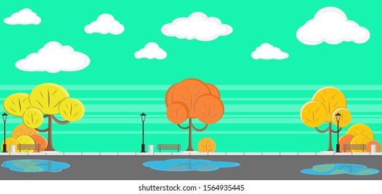  park with trees, lanterns and benches. Vector illustration