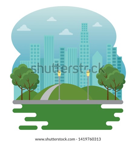 park with trees and mountains with building cityscape