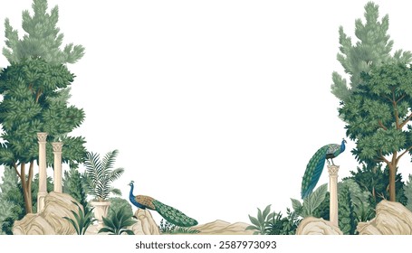 Park trees, peacock bird, classic column, plants, stone frame. Botanical landscape mural.