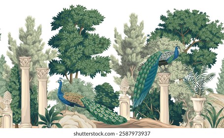 Park trees, peacock bird, classic column, plants, stone seamless border. Botanical landscape mural.