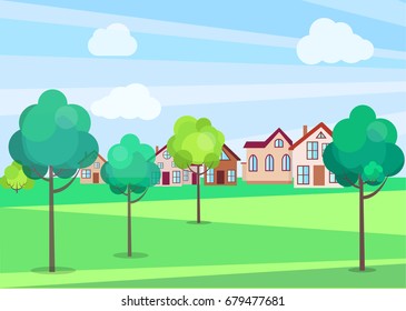 Park trees in summer time with green grass and residential buildings on background. Vector poster of outdoor nature beauty template